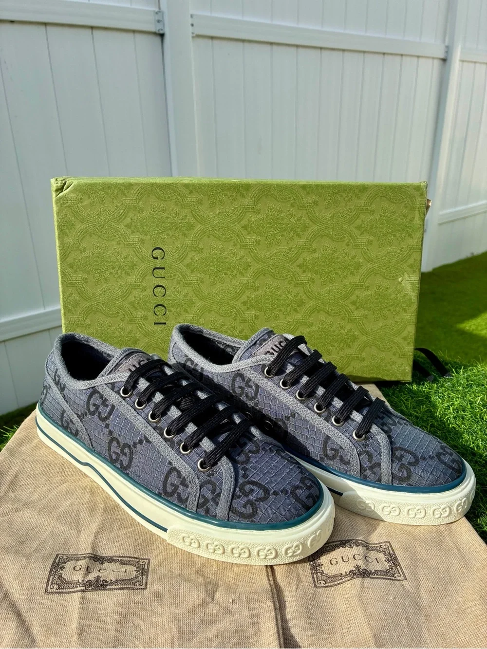 GUCCI TENNIS 1977 GREY BLACK GG SUPREME NEW MONOGRAM SNEAKERS SZ G8 EU 42 NEW!